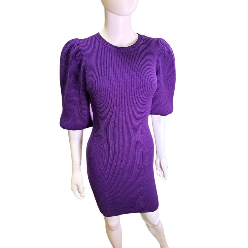 Zara Purple Ribbed Knit Puff Sleeve Mini Sweater Dress Medium Viscose Blend NWT